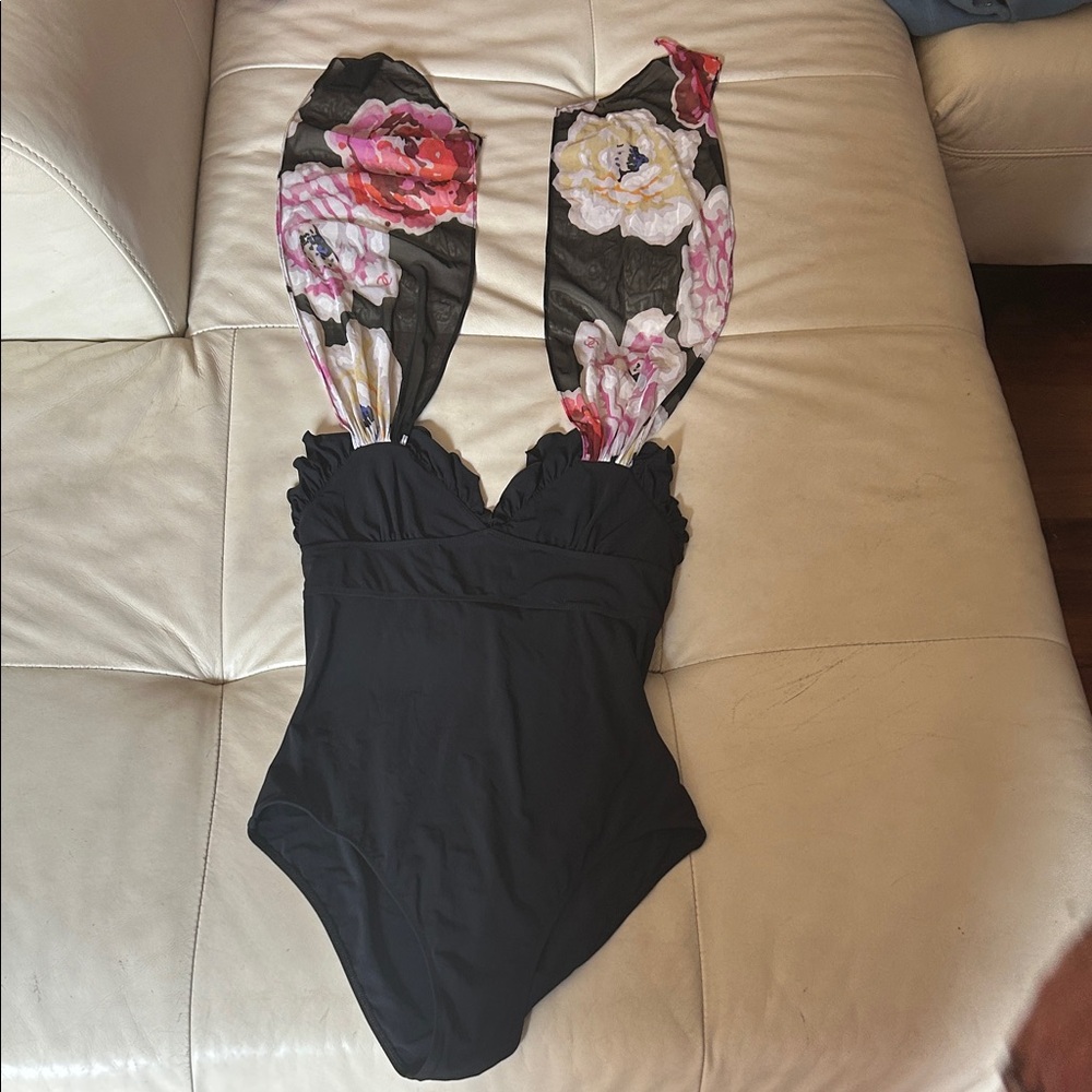 CHANEL Black Floral One Piece Swimsuit